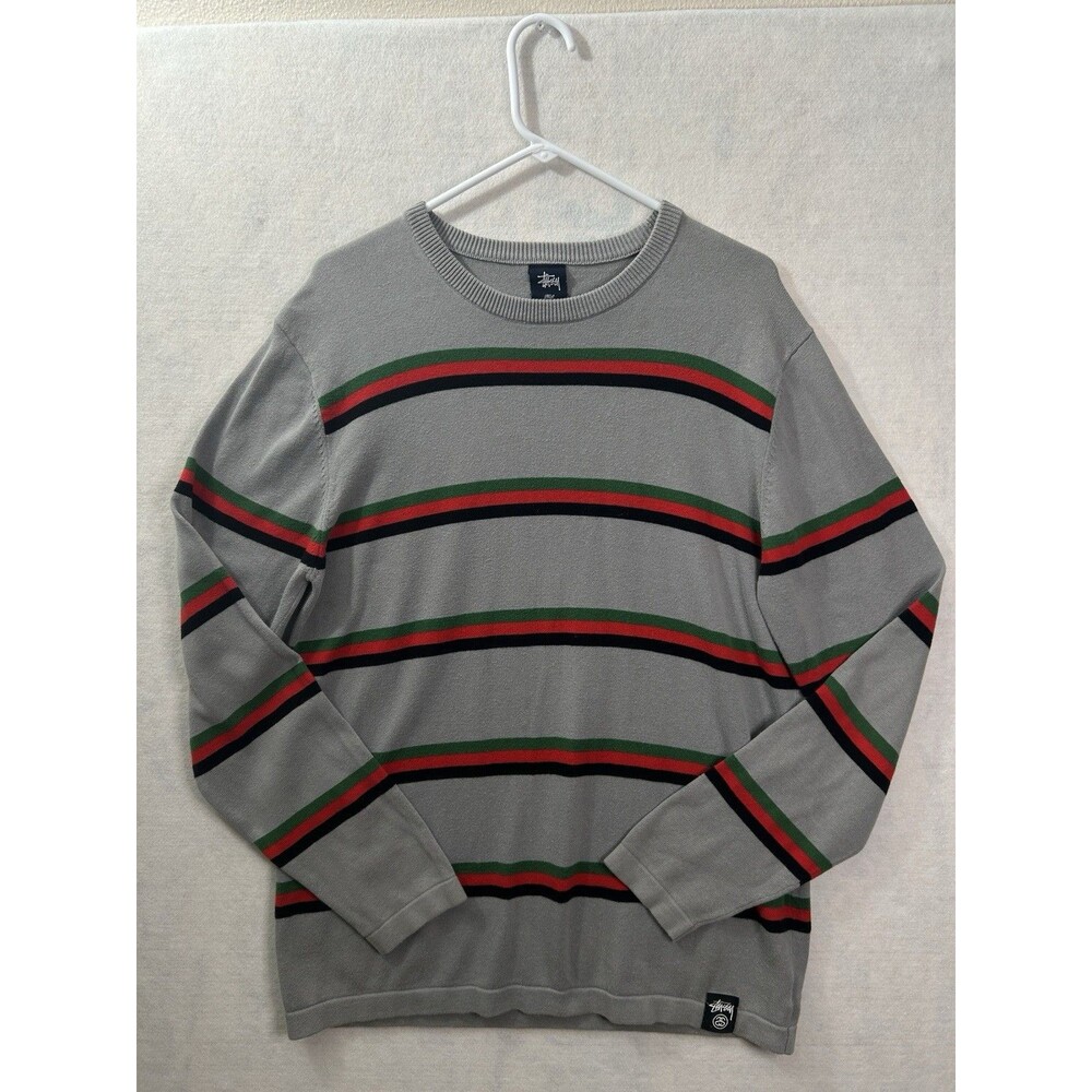 Stussy Striped Knit Crewneck Sweater Large Gray Red Green 100% Cotton Y2K